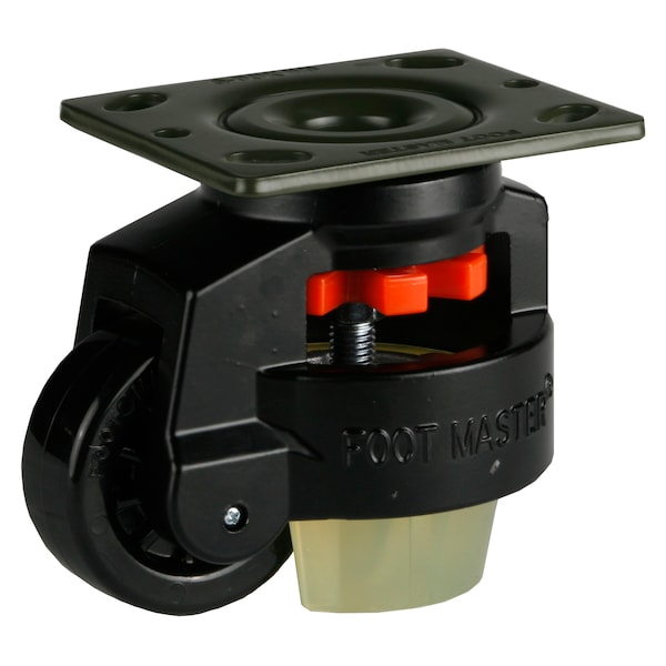 Leveling Caster, 75 mm Nylon Wheel, 4 x 4-1/2 Plate, Swivel, 800 kg Cap, PU Foot Pad, Black
